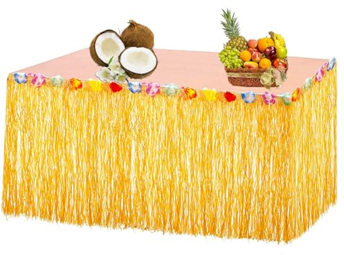 Hawaii Tischröcke, 275 x 60cm Hawaii Party Dekoration mit Mehrfarbe Blumen, Tischrock Hawaii, Hawaiian Gras Röcke, für Partys, Feiertage und Zusammenkünfte im Freien, Gold