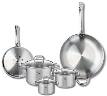 ELO 9506250 Batterie de cuisine 5 pièces, Ensemble de 2 Poêles de cuisson 24 et 32 cm et 3 faitouts 12, 14 et 20 cm Elo Profi Citrin, inox, induction