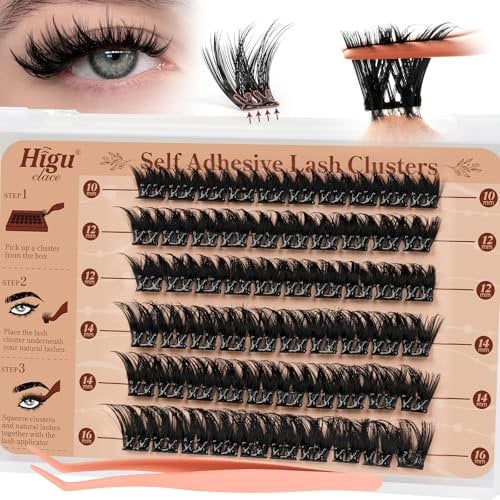 Self-Adhesive Eyelashes 60pcs, Higu clace Volume Pre Glued Cluster Lashes Mix 10-16mm, Preglued Eyelash No Glue Needed Easy to Use, DIY Eyelash Extension at Home(Volume A)
