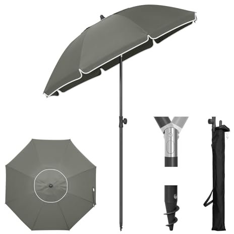 Laneetal Parasol de Plage Ø175cm, Parasol Imperméable en Tissu Anti-UV à UPF 50+, Toile Inclinable, Hauteur Réglable, Parasol Rond Anti-Vent pour Balcon/Terrasse/Patio/Piscine, Gris Foncé
