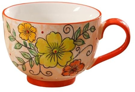 Keninll Ceramic Mug, Beautiful Painted Flowers 500ml with Handle, Milk Coffee Hot Tea Breakfast Cups Pink