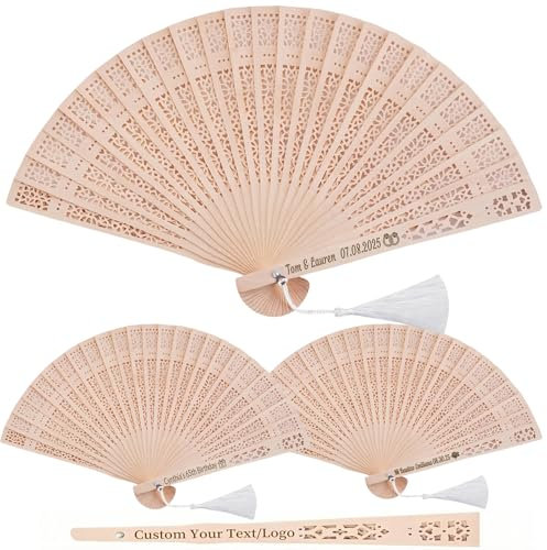20Pcs Custom Hand Fans Personalized Wooden Wedding Fans for Guests Bulk Wedding Party Favors with Tissue Yarn Bags Folding Hand Fan for Wedding Graduation Party Favor (20)