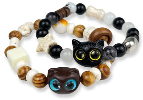 YOSKAEDI Armband Armbänder Perlenarmband 2-teiliges Set mit Katzendesign - Handgefertigte Kunststoffperlen für tierliebe Frauen & Schülerinnen - Stylischer Alltagslook oder Geschenk