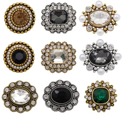 9 Stück Strass Knöpfe Perle Gold Vintage Zierknöpfe aus Metall zum Annähen, Blume Knöpfe mit Kristall und Faux Perle für Dirndl, Mantel, Blazer, DIY Schmuck & Hochzeitsdekoration