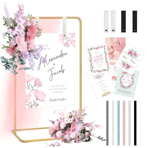 Wedding Welcome Sign Holder, Adjustable Easel Stand for Wedding Sign with Design Bundle Ribbon Leather Straps Heavy Duty Seating Chart Stand for Wedding Bridal All Kinds of Parties Reception Display