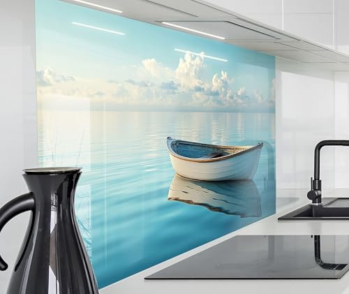 Küchenrückwand Glasoptik | XXL 280 x 58 cm Ruderboot, Boot, Meer, See, Sonnenaufgang | Acryl Glas 2mm | Spritzschutz Wand für Herd, Küche Glasrückwand Acrylglas Wandpaneele Rückwandschutz Platte