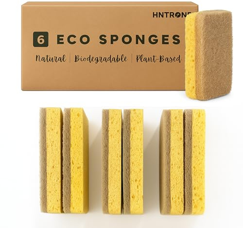 HNTR 6 x Eco Sponges Washing Up | Eco Washing Up Sponge Scourers | Natural Cellulose Sponge & Sisal Scrubber | Plastic-Free Compostable Non-Scratch Natural Sponges for Dishes & Kitchen Cleaning