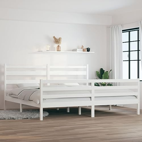 QJBSAVVA Massivholzbett Kiefer 200x200 cm weiß Doppelbett 205,5 x 206 x 100 cm Lattenrost & Kopfteil Modernes Landhaus Bettgestell für Schlafzimmer Gästezimmer Jugendzimmer