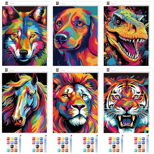 NAIMOER 6 Stück Bunte Tiere Malen Nach Zahlen Erwachsene, Tiere Malen Nach Zahlen auf Leinwand für Kinder, Digitale Gemälde für Home Decor Geschenke 30x40cm(Wölfe, Hunde, Dinosaurier usw)