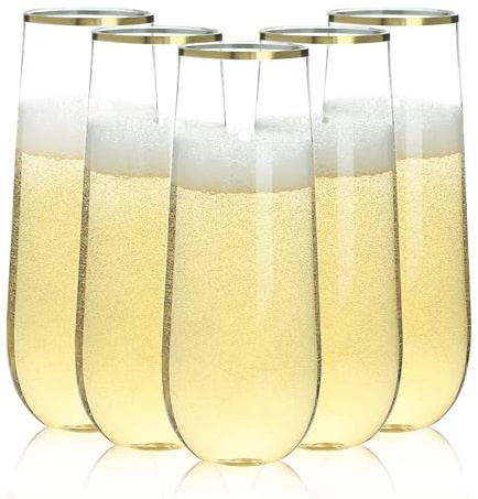 Goodluck 24 Pack 9oz/255ml Plastic Champagne Flutes | Clear Gold Shatterproof Champagne Flutes Plastic,BPA-Free Round-Bottom Tumblers for Prosecco,Cocktails,Picnic,Wedding, Party