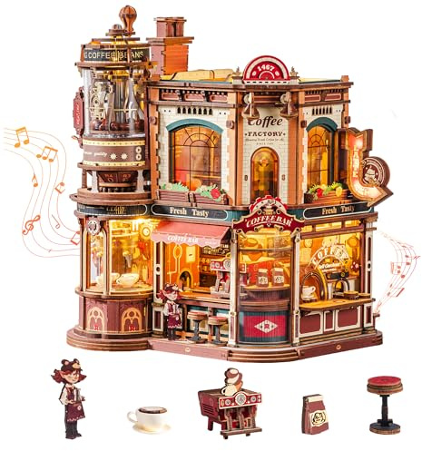 ROKR Dream Coffee Factory EAB02 DIY Miniatur Puppenhaus Spieluhr für Erwachsene, Mechanisches Kaffeefabrik Modell mit Beweglichen Teilen, LED Beleuchtung und Jazz Musik, Kreatives Geschenk