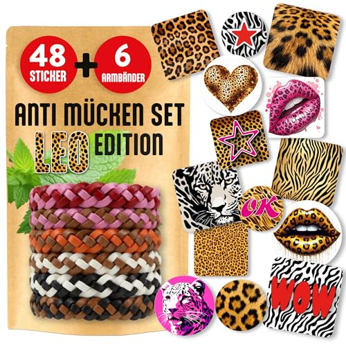 GERNEKIND® 6 Mückenschutz Armbänder + 48 Sticker/LEO-Edition für Kinder und Erwachsene - Super Soft - 100% natürlicher Mückenschutz dank Citronella+Minze - Ideal für Urlaub, Camping+Freizeit