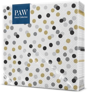 PAW Servietten 33 x 33 cm, 20 Stück - Konfetti-Punkte Gold-Schwarz | Dreilagig, saugstark und reißfest, bunte Partydeko für Geburtstag und Feiern, sorgt für gute Laune am Tisch