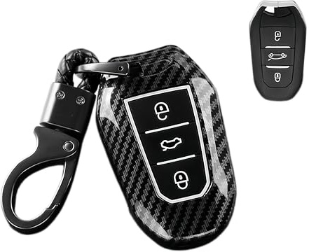 Rondrive Coque en Carbone ABS pour Clé de Voiture Compatible avec P-eugeot E 5008 3008 308 SW 3008 2008 208 e208 2016-2024 Fluorescent Housse de Clé Protection de Clé Boîtier de Clé A-Noir