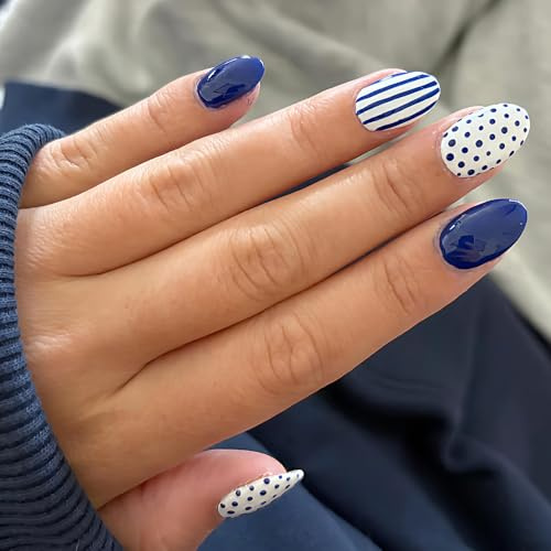 PINE WAVES 24Pcs Blue Press on Nails Almond, Summer Nails with Polkadot & Stripes Design, Reusable Full Coverage Acrylic Fake Nails, Blue Nails & Summer Press on Nails