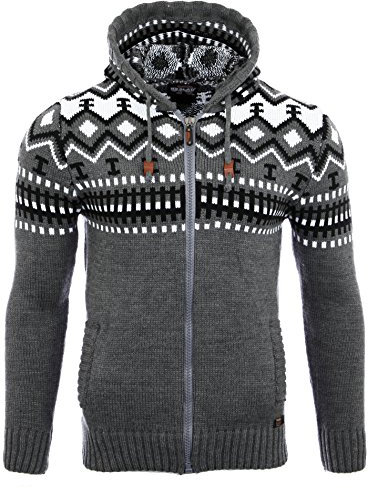 Reslad Men's Chunky-knit Norwegian Pullover, Winter Cardigan, Hoodie, RS-3104 - Grey - Medium