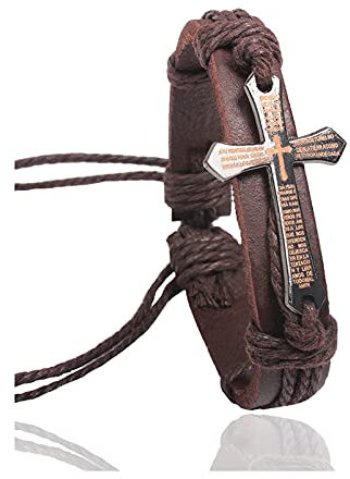 Fusamk Fashion Religious Cross Spain Lord's Prayer Bracelet Leather Rope Bracelet, 8 inch, Metal Faux Leather, no gemstone