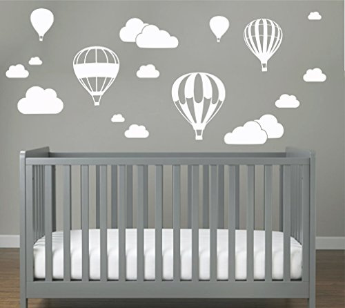 Heißluftballon mit WOLKEN SET 20 teilig Wandtattoo Wandaufkleber Sticker Aufkleber Wand Himmel Baby (Weiss)