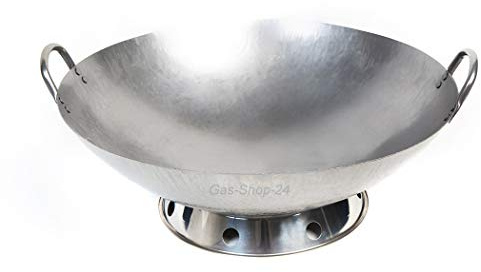 45 cm Stahl Asia-Wokpfanne + Wokuntersatz (geeignet für Hockerkocher, Asia Kocher, Gastrokocher, Gasherd, Wokbrenner, Wok Untersetzer)