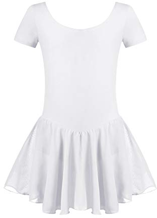 untlet Ballettkleid Mädchen Kinder Kurarm Ballettanzug Baumwolle Ballett Trikot Kurzarm Body mit Chiffon Wickelrock Kinder Ballettkleidung Tanzkleid Tanzbody,Weiß,130