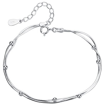 Bo&Pao Kugel Armband Damen 925 Sterling Silber, Doppel Kette Armkettchen mit Kugel, 20,5 cm verstellbar