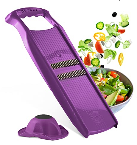 Börner Roko PowerLine Gemüseschneider Set mit Fruchthalter (2-tlg.) • Feiner Streifenschneider für Obst & Gemüse + Gemüsehalter • Julienne Schneider • Gemüsehobel Set • Farbe: Violett