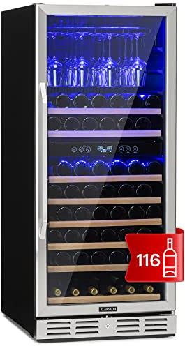Klarstein Vinoteca para Vinos de 306L Nevera Vino Zona Doble, Botellas Vino, Proseco y Cervezas, Vinoteca Pequeña Puerta Cristal para Interior y Exterior, Nevera para Vinos Capacidad 116 Botellas