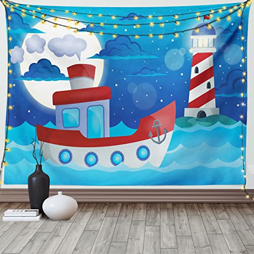 ABAKUHAUS maritim Wandteppich und Tagesdecke, Nursery Schiff Leuchtturm aus Weiches Mikrofaser Stoff Waschbar ohne Verblassen Digitaldruck, 230 x 140 cm, Blau Rot