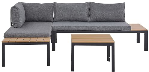 Beliani Gartenmöbelset schwarz/Hellbraun Sofa mit Kaffeetisch Polsterbezug grau Pienza II