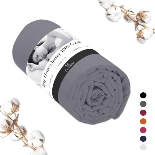 Drap Housse Jersey 100% Coton (Gris foncé, 160x200 cm) - Grand Bonnet 30 cm - Résistant - Certifié Oeko Tex - 2 Personnes - Anti Acarien - Lavable Machine à Laver - Linge de lit pour Matelas épais