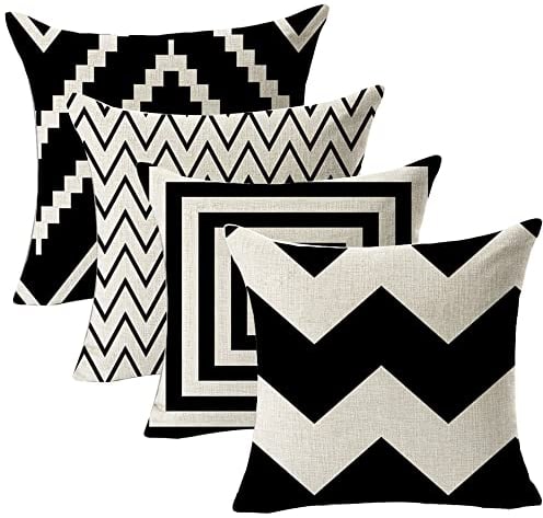 4 Stück geometrischer Kissenbezug, Leinen-Kissenbezug, kurzer, quadratischer Kissenbezug, schwarz und weiß, für Schlafzimmer, Sofa, 45,7 x 45,7 cm
