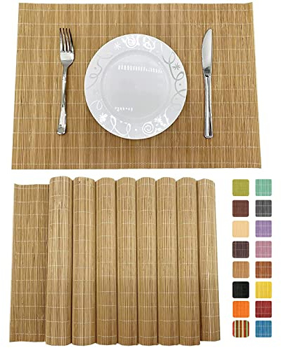 ANDSTAR Set of 8 Pcs Bamboo Placemats Sushi Rolling Mat Japanese Style Natural Anti-Slip, Washable Heat-Resistant Table Mats for Dining Room and Kitchen(Brown)