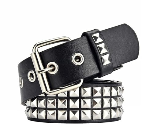 FOCAST Black Studded Belt Punk Rock Rivet Belt Grommet Threads belts with Bright Metal Pyramid for Women Men (Black, Fit Pant 31-36 inch)