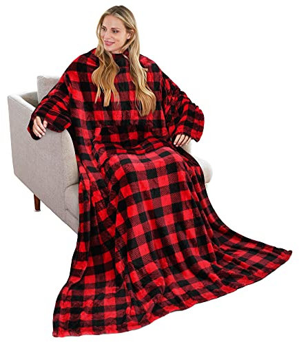 Catalan Classy Wearable Blanket Sleeve Gift,For Adults, Women, Men, Super Soft, Warm Fit, Micro Plush, Lightweight Fleece Body Blanket, TV Wrap Blanket with Pockets，Red Plaid