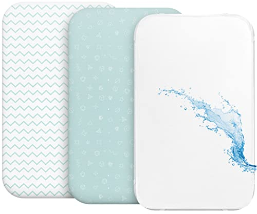 2 Sabanas Minicuna + 1 cubrecolchon para minicunas para Bebes Impermeable elástico - Lote de 3 Ropa de Cuna - Talla 50x83cm - Compatible con cunas, colchon - Niño y Niña - Diseño Azul