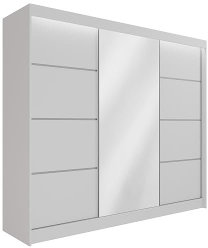 ALTDECOR Kleiderschrank mit Spiegel und Schiebetüren, kugelgelagerte Führungsschienen und Aluminium-Leisten, LED-Beleuchtung (weiß + 16 Farben) und Fernbedienung - PAOKI - 250 cm Weiß