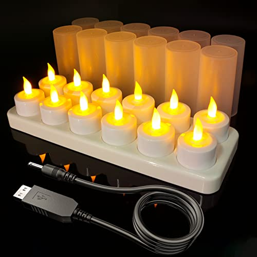 SoulBay Rechargeable Tea Lights, 12pcs Battery LED Flameless Electric Candles Flickering Tealights with USB Cable & Charging Base & Frosted Cups for Home Room Table Halloween Christmas Decorations