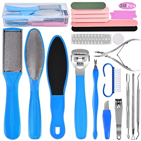 Foot File Pedicure Set, 30 in 1 Foot Files Foot Care Scrubber Kit Hard Skin Remover Feet Scrub for Women Men Salon or Home(Blue)