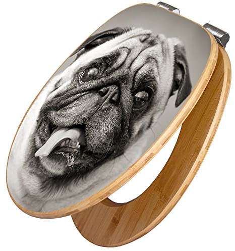 banjado Design WC Sitz Bambus Absenkautomatik 45,8x37,5cm / Toilettendeckel mit Absenkautomatik Holz/hochwertiger Bambus Klodeckel/WC-Sitz für gängigen Toiletten/Motiv Mops Porträt