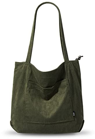 KALIDI Cord Tasche Damen Umhängetasche mit Reißverschluss Wasserdicht Tote Bag mit Taschenfach Groß Shopper Tasche Handtasche Schultertaschen für Arbeit Büro Reisen Einkaufen Schule