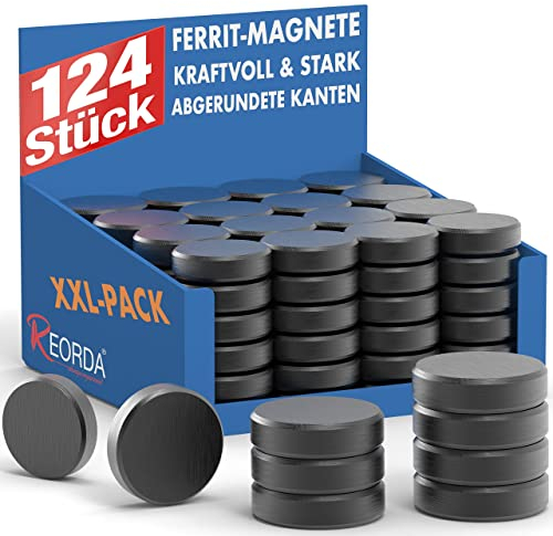 REORDA Magnete für Magnettafel stark - 124x Starke Magnete für Whiteboard, Pinnwand, als Kühlschrank Magnete & Tafelmagnete stark haftend, Magnete rund - schwarz