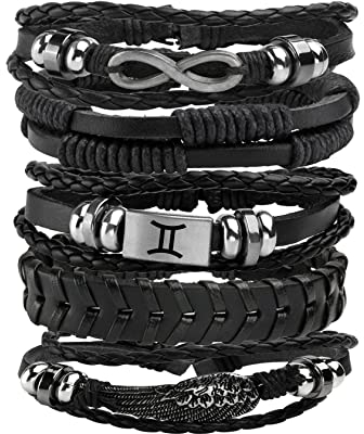 MILAKOO 5 Stück Geflochtene Lederarmbänder mit Gravur Einstellbar Manschette Armband für Männer Damen (Schwarz)