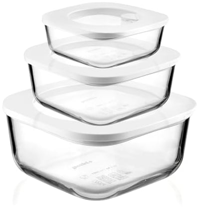 Guzzini - Kitchen Active Design, STORE&MORE GLASS Set 3 Contenitori Ermetici in Vetro per Frigo/Freezer/Microonde - Trasparente, 19,5x19,5xh9,3 cm | 410/965/1900 cc - 11330311