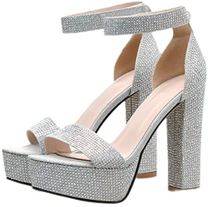 DSAI Sandali con plateau in argento con strass, punta aperta e cinturino alla caviglia, con tacco quadrato da donna, per feste, matrimoni, 40