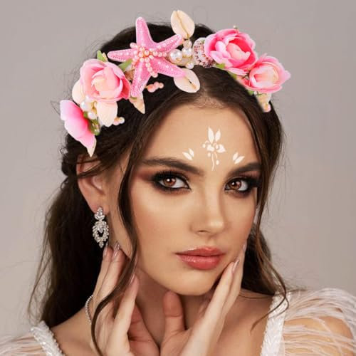 Zoestar Blumenstirnband Seestern Braut Kopfschmuck Perle Haarreif Muschel Strand Hochzeit Haarschmuck für Damen und Mädchen (Rosa)