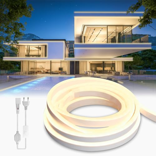 BRIMETI Neon LED Streifen 10M Aussenbereich, LED Strip Wasserdicht 230V Outdoor 120 LED/M Flexibler Lichtband für DIY Flexibel Lichtleiste mit Netzteil und Controller für Innen Heim Küche (Naturweiß)
