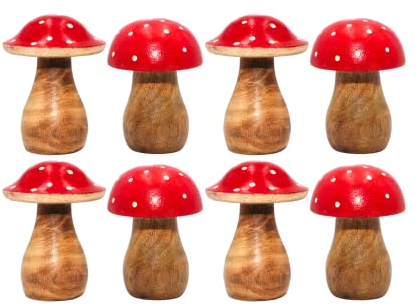 Dekohelden24 Fliegenpilze aus Mangoholz im 8er Set, Dekopilz mit unterschiedliche Pilzköpfen, Rot-Weiß gepunktet, Größe: H/Ø ca. 7 x 5 cm, 7 cm