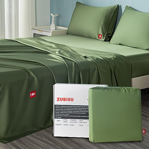 Tencel Bettlaken-Set, 100 % Eukalyptus-Lyocell, Fadenzahl 400, luxuriös, seidig, kühlende Spannbettlaken für heiße Schläfer, 2 Kissenbezüge, 1 Bettlaken, 1 Spannbetttuch mit tiefen Taschen, Waldgrün