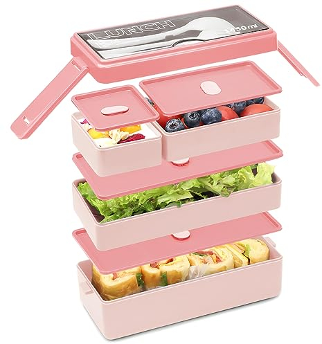 Bugucat Lunch Box 1450 ML, Double Stackable Bento Box Container Meal Prep Containe With Cutlery, 3 Tier and 4 Compartment Design Food Containers for Lunch Snacks,Lunch Box for Adults and kids BPA-Free