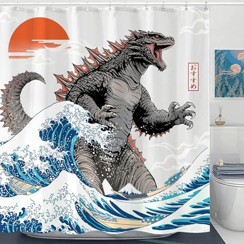 Wegklazax Duschvorhang mit japanischem Monster, 183 x 183 cm, Badezimmer-Vorhang-Dekor-Set mit 12 Haken